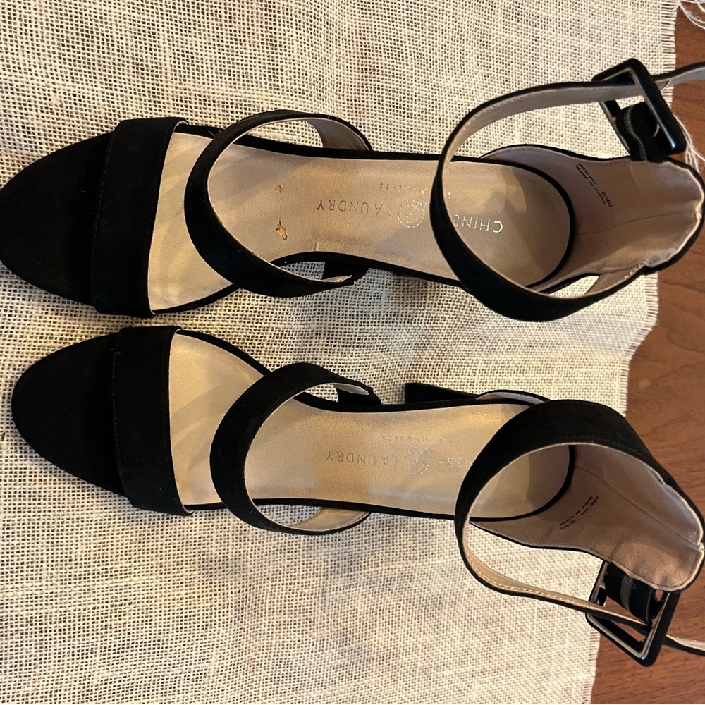 Chinese Laundry Black Suede Heels with Strappy Design